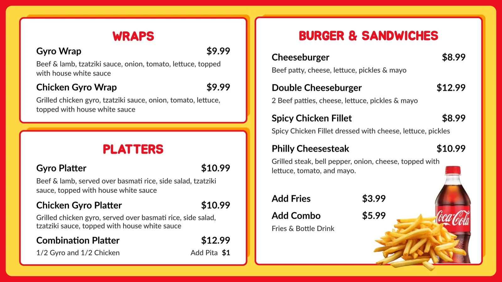 IST NOLA menu board — wraps, platters, burgers and sandwiches with prices