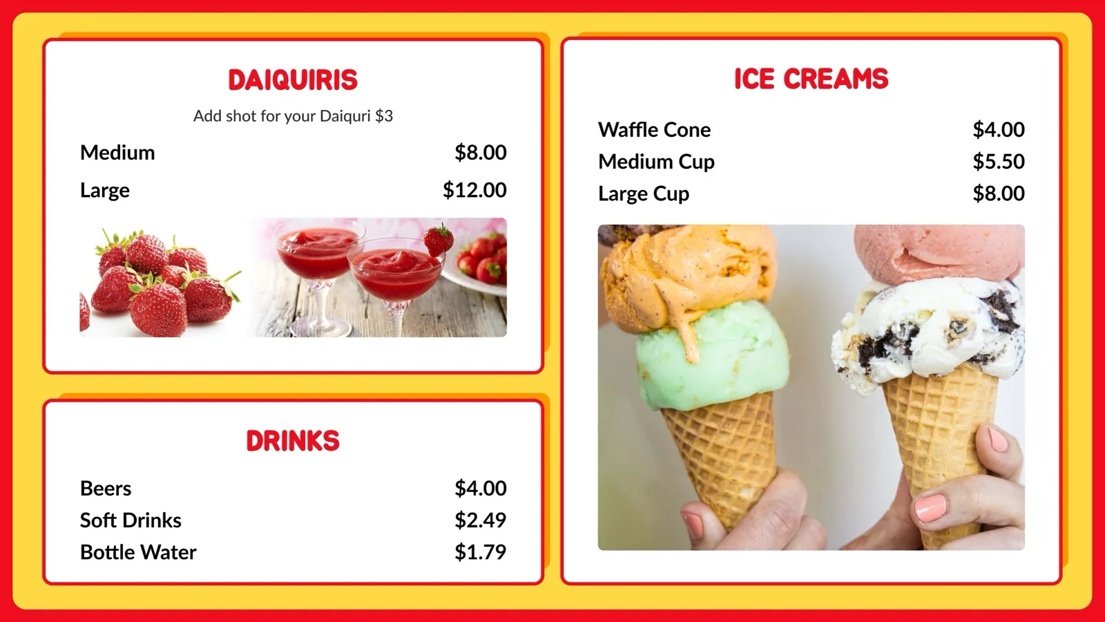 IST NOLA menu board — daiquiris, ice cream and drinks with prices